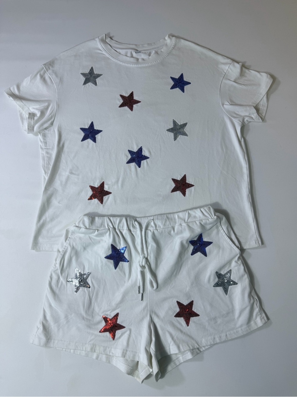 Women’s White Short SET with Red, Blue, Silver Star Appliqués Size Large